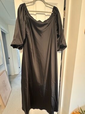 Banana Republic Black Satin Midi Dress with Puff Sleeves
